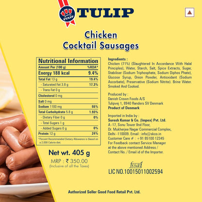 Tulip Chicken Cocktail Sausages - Halal Certified - Net Weight 405g | Drained Weight 200g - Product of Denmark