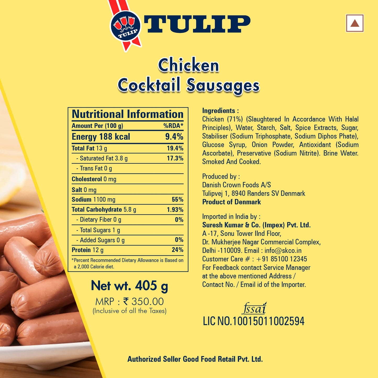 Tulip Chicken Cocktail Sausages,Halal, Net Weight 405 Gms|Drained Weight 200Gms, Product of Demark