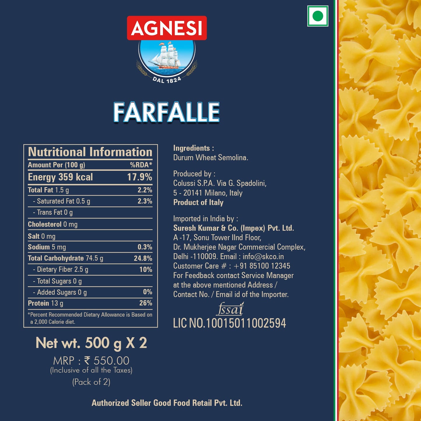 Agnesi Farfalle Pasta, 500g, Pack of 2, Product of Italy - Bow-Tie Bliss!