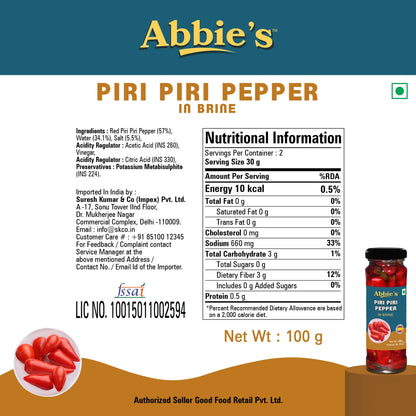 Abbie's Piri Piri Pepper in Brine, 200g (100g x 2 Units), Product of Spain - Spice Up Your Meals!