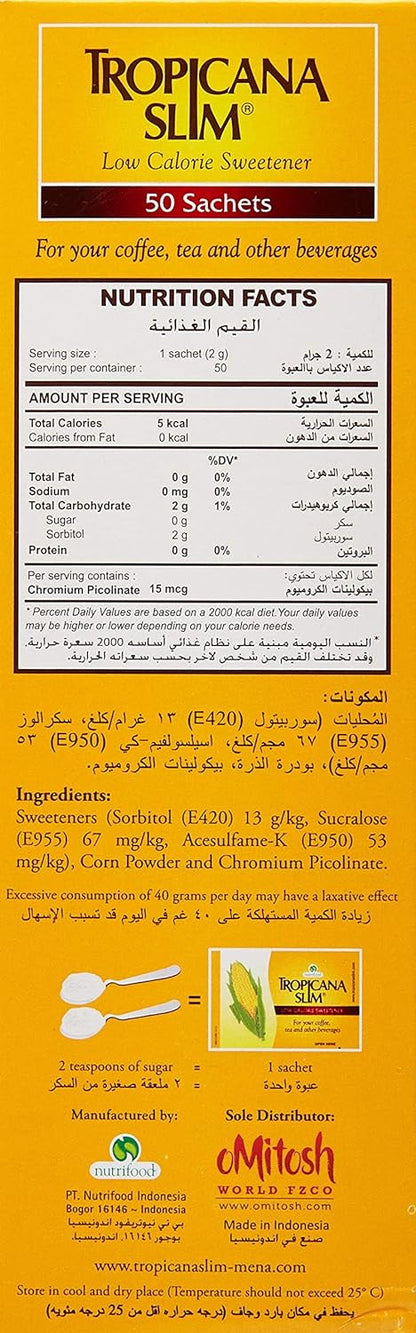 Tropicana Slim Low Calorie Sweetener (Sugar-Free) - 50 Sachets, 100g - Sweeten Without the Guilt!