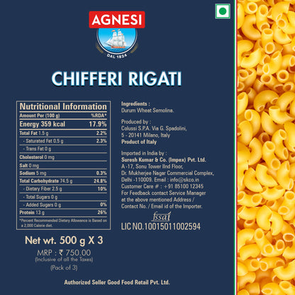 Agnesi Pasta Penne 500g + Fusilli 500g + Chifferi 500g, Pack of 1 each, Product of Italy - Italian Trio!