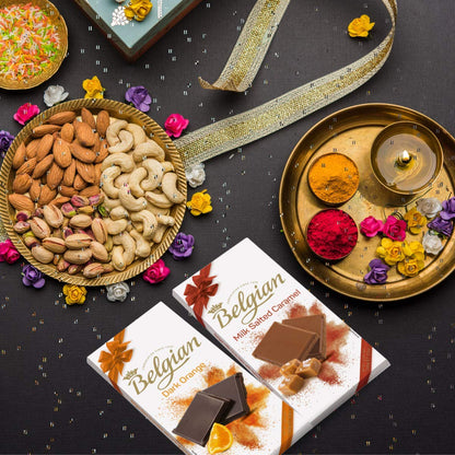 The Belgian Exclusive Diwali Combo Pack of Milk Bar With Salted Caramel and Dark Orange Bar, Ideal for Gifting, Original Chocolate, Chocolate Collection, 200g