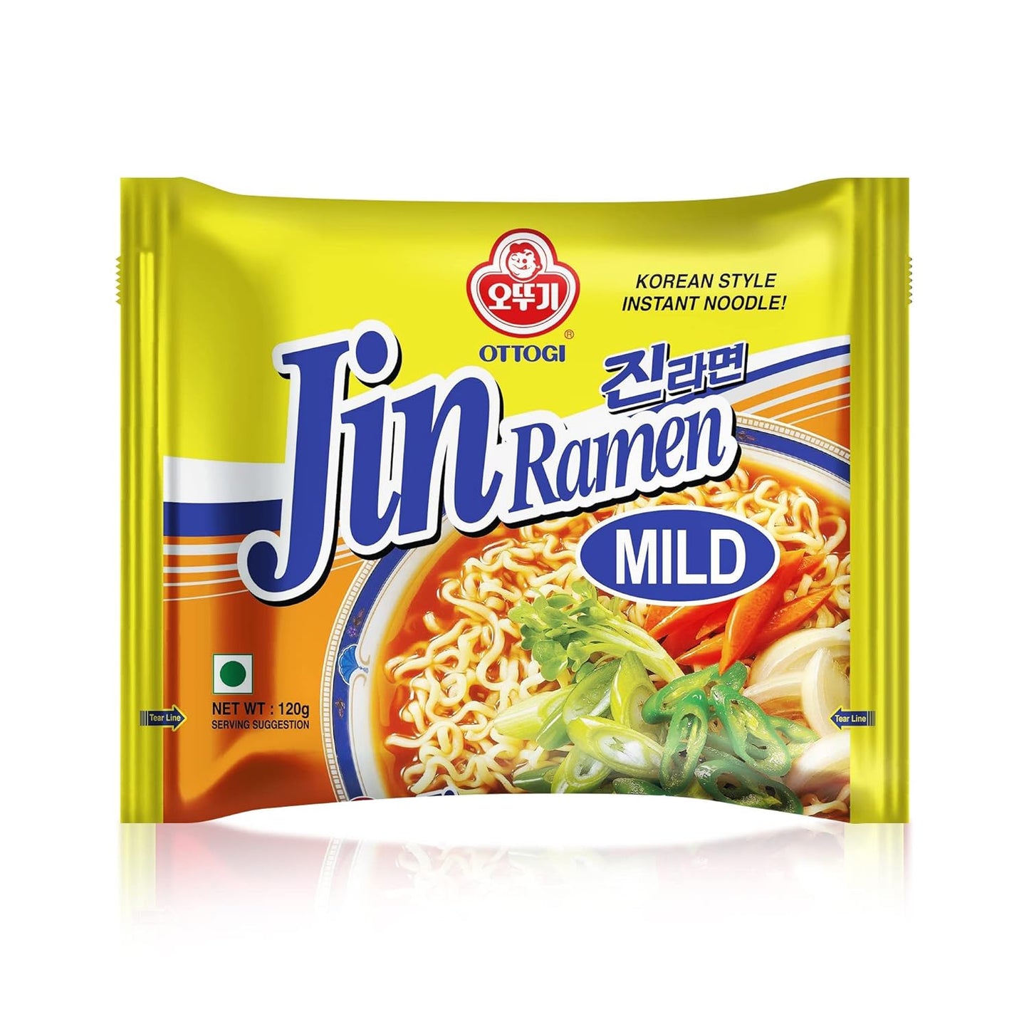 Ottogi Jin Ramen Korean Style Vegetarian Instant Noodles, Spicy and Mild Flavor Combo 120g, 5 spicy + 5 mild (Pack of 10), The Product of Korea