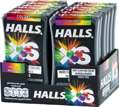 Halls XS Flavored Sugar Free Candy 13.8g Each - Pack of 12 (Colors) - Colorful and flavorful sugar-free candies in a convenient pack.