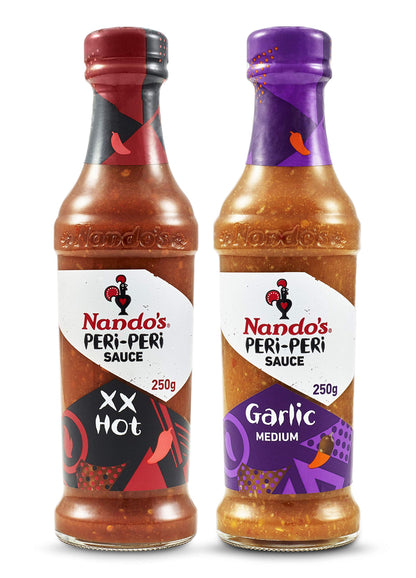 Nando's Peri Peri Chilli Sauce - XX Hot 250g + Garlic 250g, Pack of 1 each, Product of Netherlands - "XX Hot & Garlic Peri Peri Duo!"