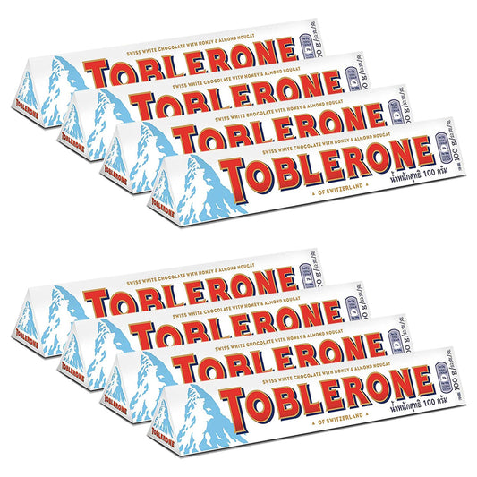 Toblerone of Switzerland White Chocolate with Honey and Almond Nougat - 8 Pack, 8 X 100 g