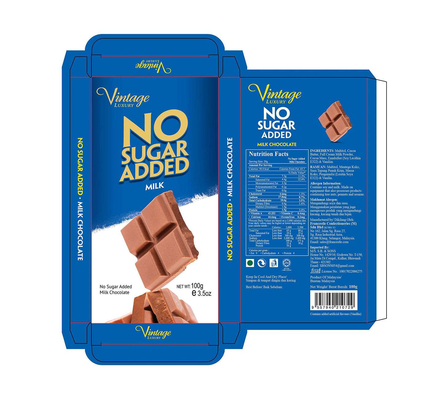 Vintage Luxury No Sugar Added Imported Delicious Chocolate Bar 100gm (Milk)