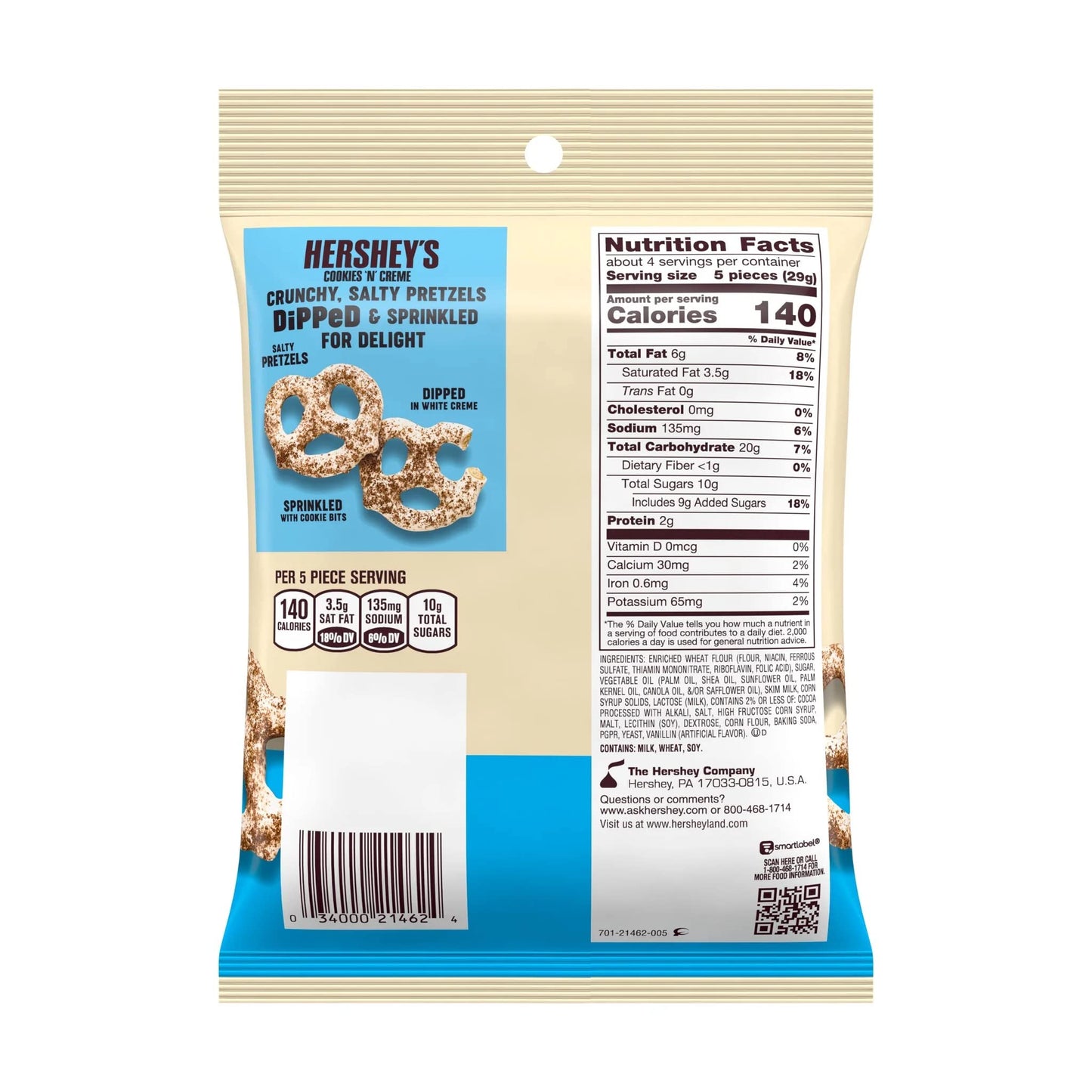 Hershey's Cookies n Cream Dipped Pretzels in White Creme and Cookie Bits Packet (120 g) - White creme and cookie bits dipped pretzels, 120g packet.