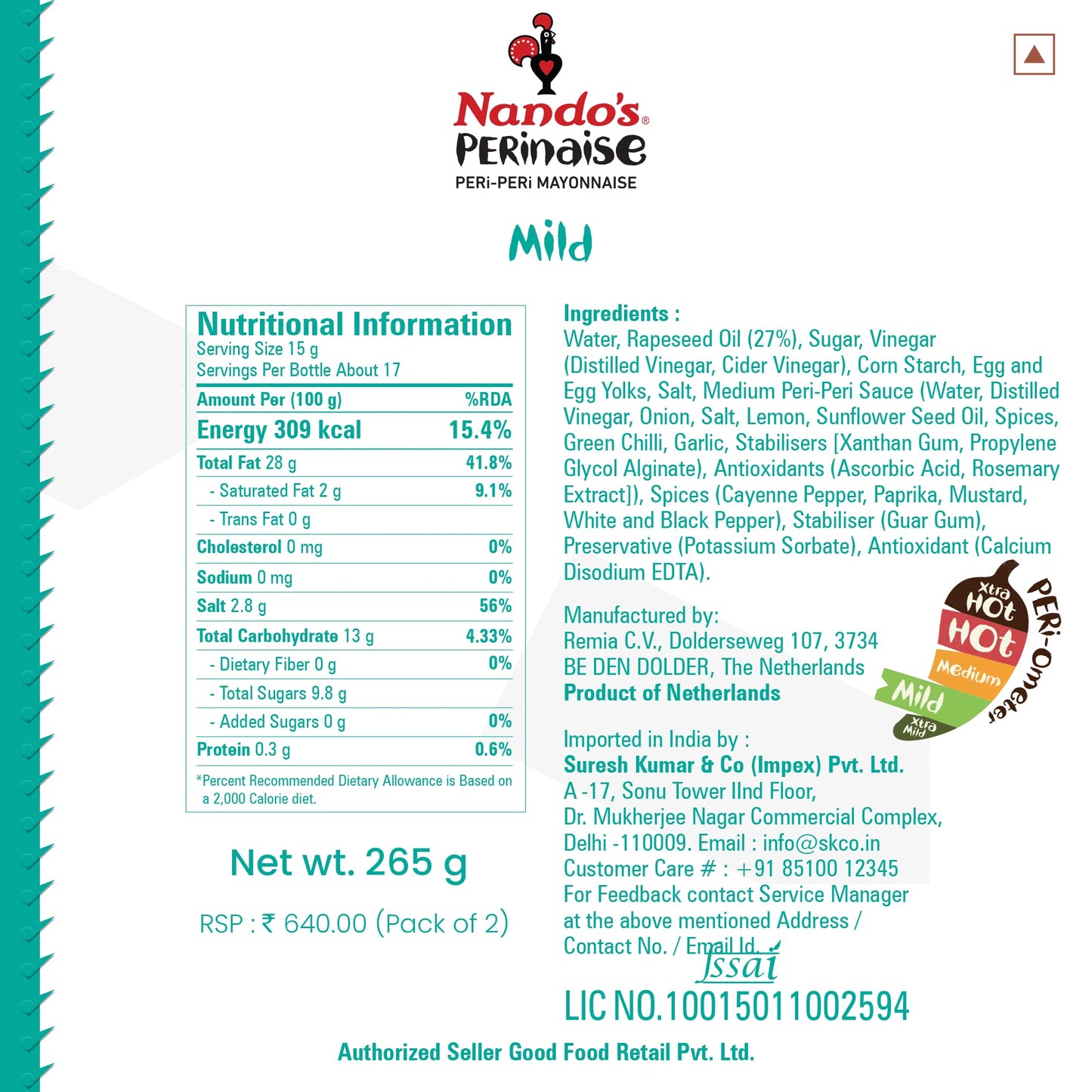 Nando's Perinaise Mayonnaise Hot and Mild, 265 Gms Each, Product of Netherlands - "Hot & Mild Perinaise Duo!"