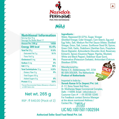 Nando's Perinaise Mayonnaise Hot and Mild, 265 Gms Each, Product of Netherlands - "Hot & Mild Perinaise Duo!"