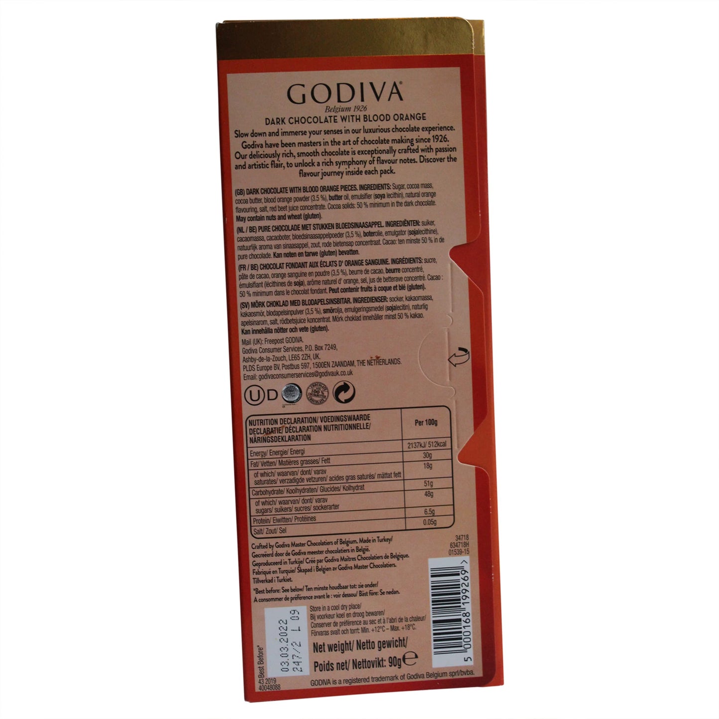 Godiva Blood Orange 90g - Enjoy the exquisite blend of rich dark chocolate and zesty blood orange in Godiva's decadent chocolate bar