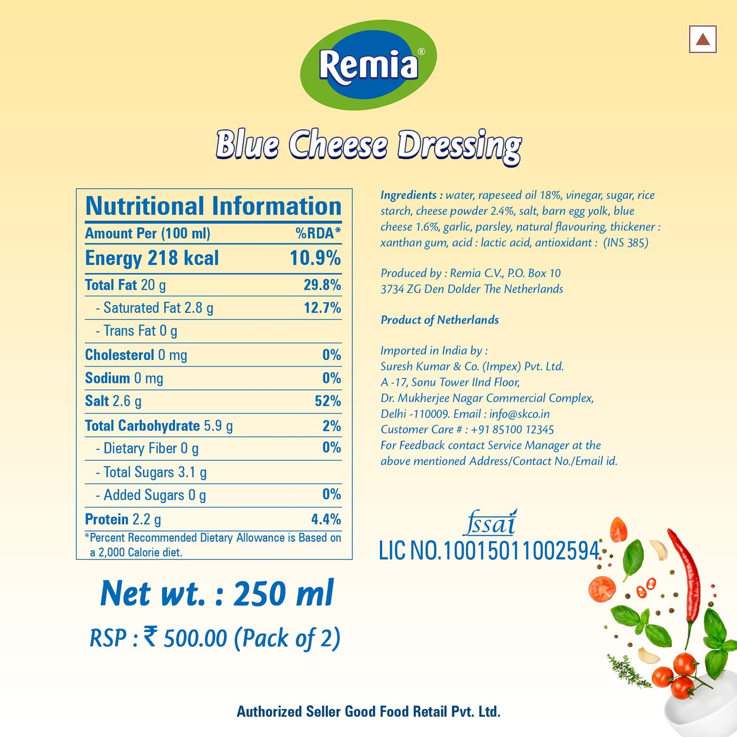 Remia Dressing Blue Cheese, 250ml, Pack of 2, Product of Netherlands - Blue Cheese Duo!