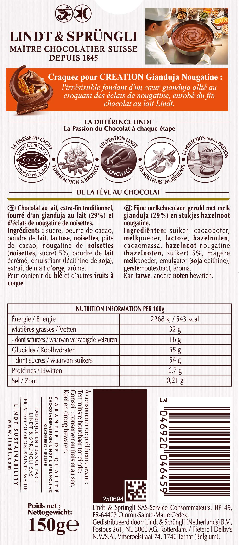 Lindt Creation gianduja nougatine délicieusement croquant (gianduja Deliciously Crunchy nougatine Chocolate Bar) 150g - "Crunchy Gianduja Delight!"