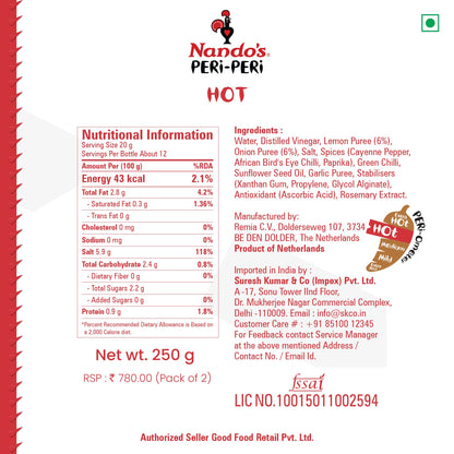 Nando's Peri Peri Chili Sauce - Hot 250g + Garlic 250g, Pack of 1 each, Product of Netherlands - "Hot & Garlic Peri Peri Duo!"