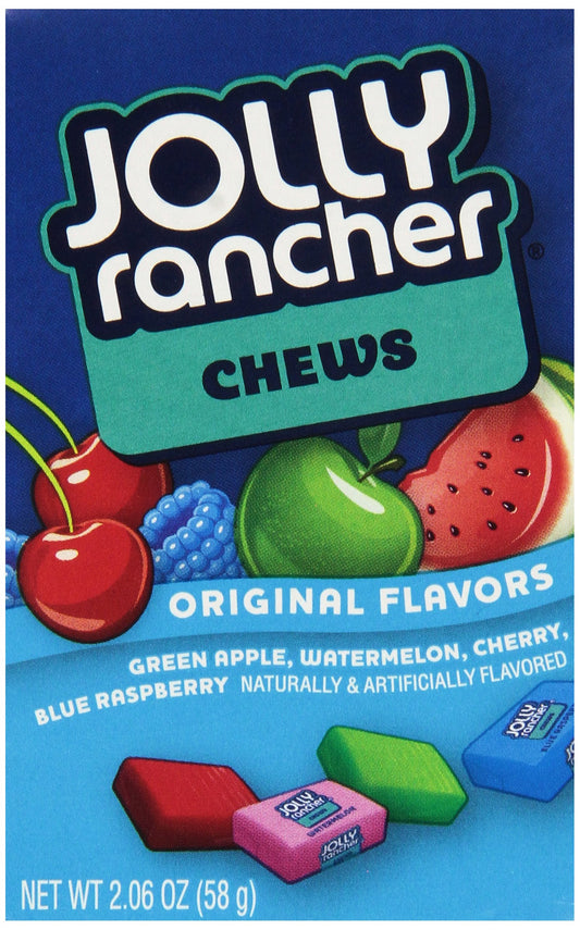 JOLLY RANCHER Chews Mix Fruits, 58Gram - Blue Raspberry, Cherry, Apple, Watermelon - Fun and fruity JOLLY RANCHER Chews Mix Fruits, 58g of assorted flavors.