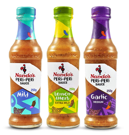 Nando's Peri Peri Chilli Sauce - Mild 250g + Lemon & Herb 250g + Garlic 250g, Pack of 1 each, Product of Netherlands - "Mild Peri Peri Variety Pack!"