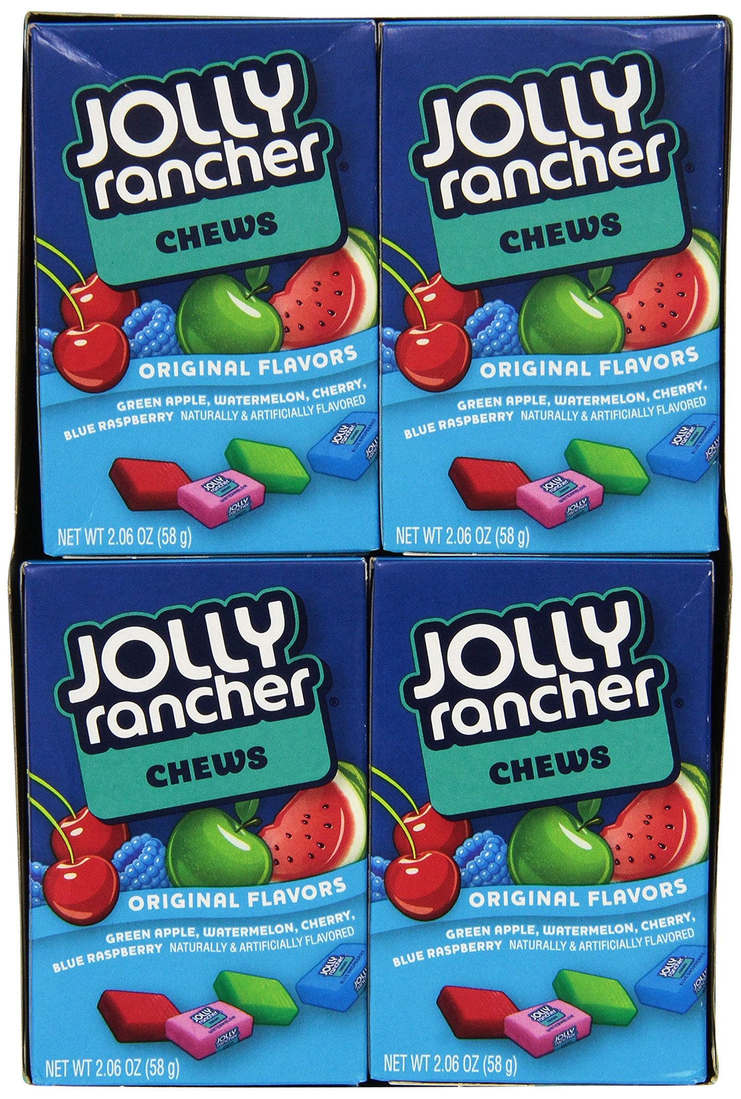 JOLLY RANCHER Chews Mix Fruits, 58Gram - Blue Raspberry, Cherry, Apple, Watermelon - Fun and fruity JOLLY RANCHER Chews Mix Fruits, 58g of assorted flavors.