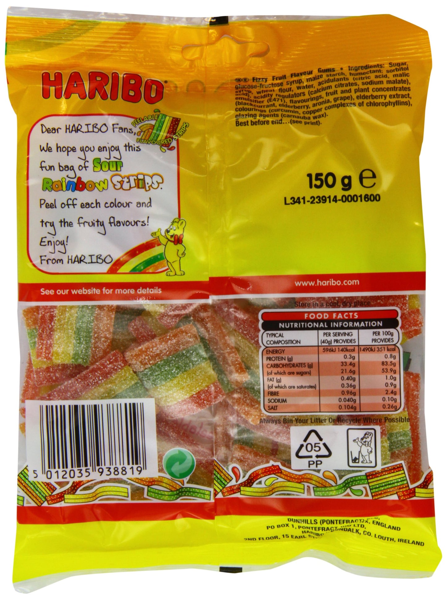 Haribo Sour Rainbow Strips, 150g - Enjoy the sour taste of rainbow strips in a share size pack.