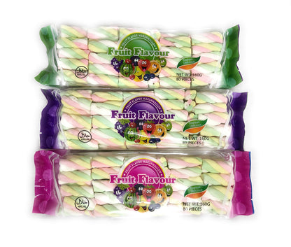 FRUIT FLAVOUR Marshmallow Twist Shape (Pack of 3) (160g*3) - Triple the twisty treats! Enjoy the fruity goodness in every delightful twist of these marshmallows!