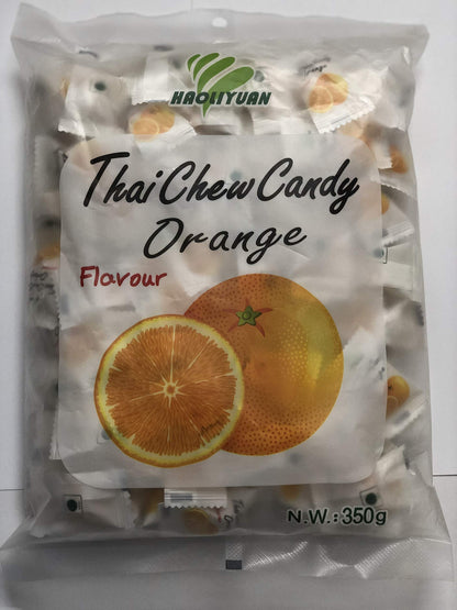 Haoliyuan Thai Chew Candy Orange 350g (appx. 100pcs) - Orange flavored chew candy, approximately 100 pieces per pack.