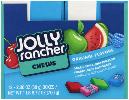 JOLLY RANCHER Chews Mix Fruits, 58Gram - Blue Raspberry, Cherry, Apple, Watermelon - Fun and fruity JOLLY RANCHER Chews Mix Fruits, 58g of assorted flavors.