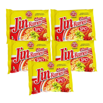 Ottogi Jin Ramen Korean Style Vegetarian Instant Noodles Spicy Flavor 120g, Pack of 5, The Product of Korea - "Spicy ramen delight!"