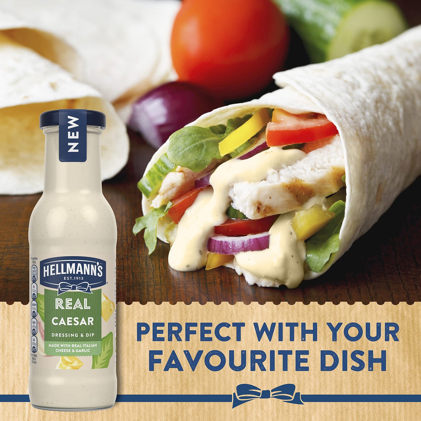 Hellmann's Real Caesar Dressing & Dip • Made with Real Italian Cheese & Garlic, 8.45 fl oz / 250 ml - Caesar dressing with real Italian cheese and garlic.