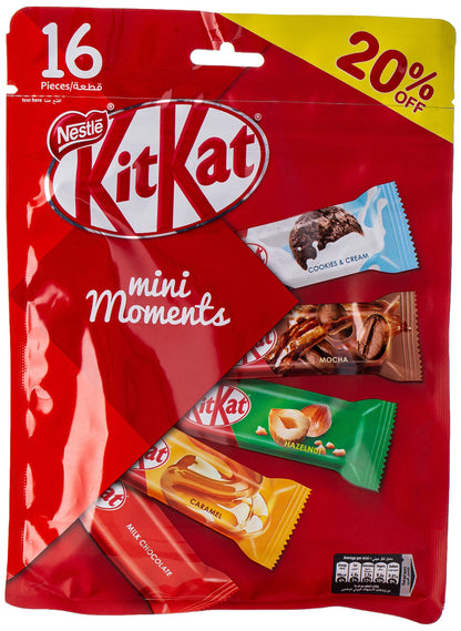 Nestle Kitkat Mini Moments 16 Pcs, 272.5g (Milk Chocolate, Caramel, Hazelnut, Mocha) - "KitKat Mini Moments - 16 Pieces, 272.5g of Milk Chocolate, Caramel, Hazelnut, and Mocha!"