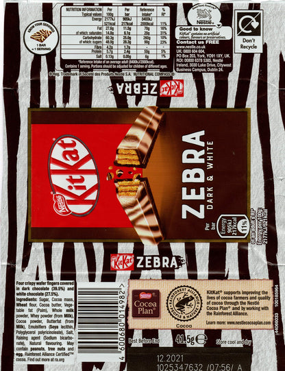 Kitkat 4 Finger Zebra Each 41.5 g (Pack Of 2) - Experience the unique striped design of Kitkat Zebra, each 41.5 g, pack of 2.