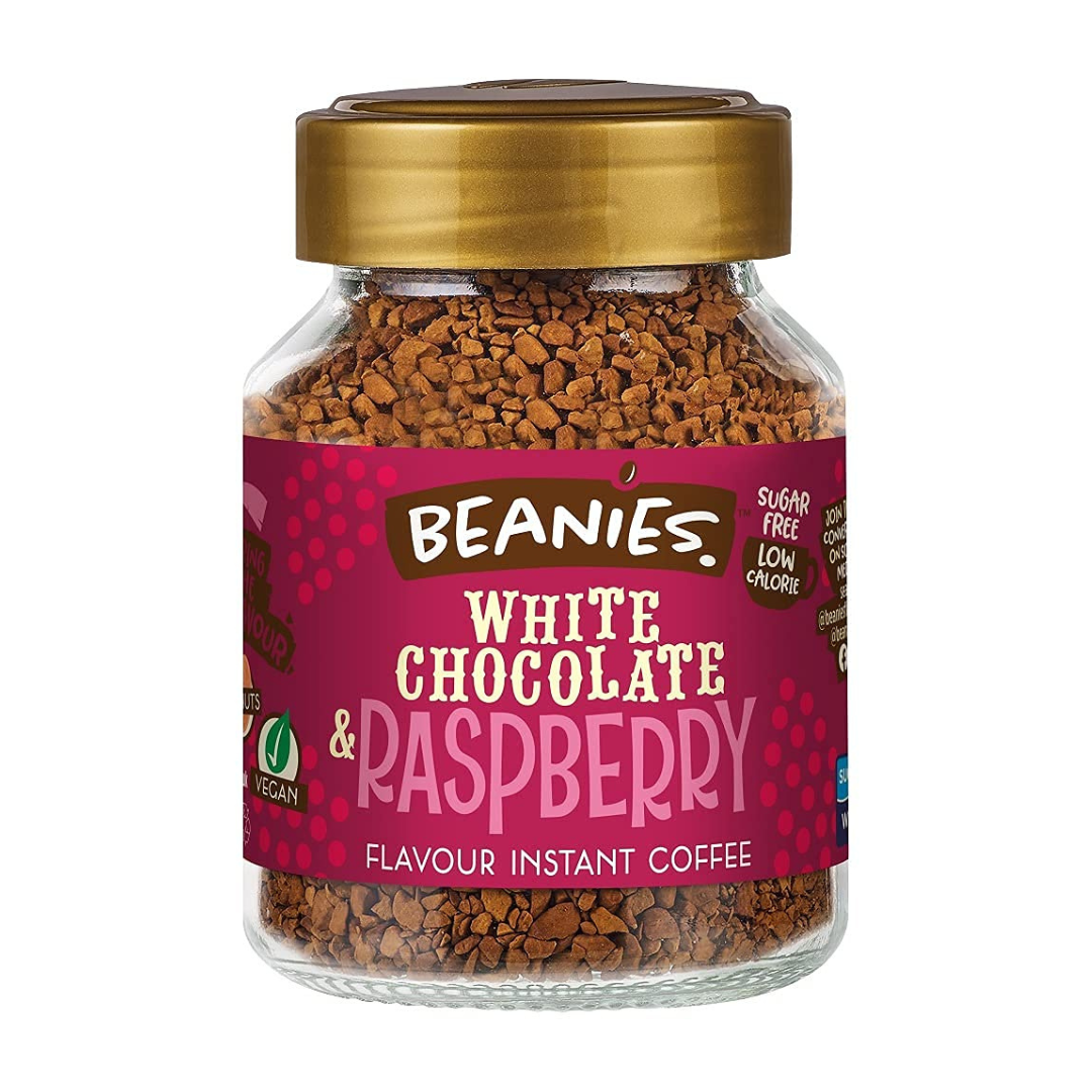 Beanies The Flavour Co Beanies | Instant Flavoured Coffee | White Chocolate & Raspberry | Low Calorie, Sugar Free | 50 G | Pack Of 1, Jar - A sweet and fruity delight