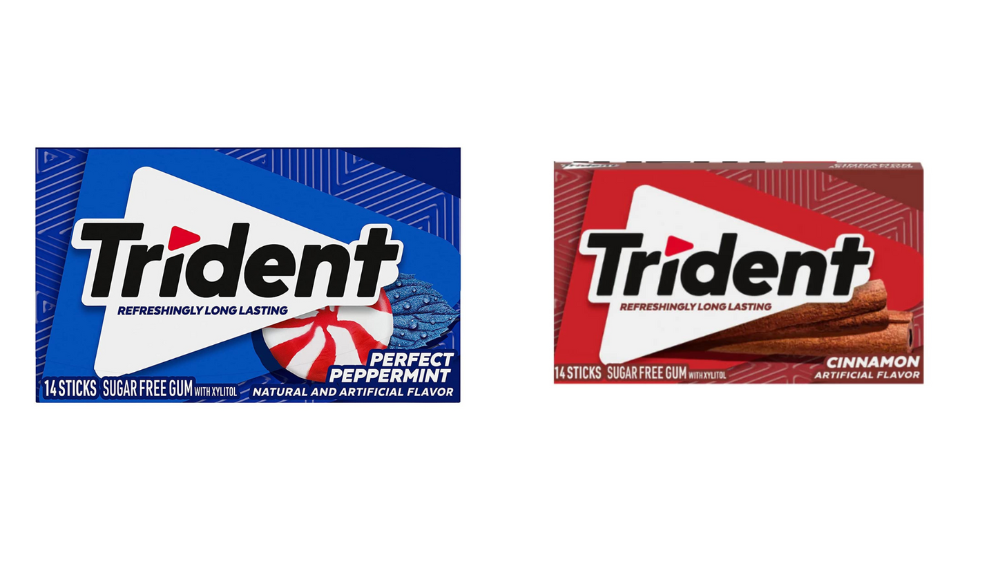 Trident Sugar-Free Chewing Gum - Perfect Peppermint Flavor, 14 Sticks, 26g & Cinnamon Flavor, 14 Sticks, 26g - Double the Refreshment!