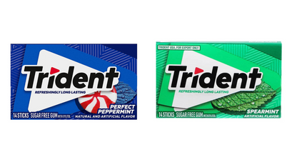 Trident Sugar-Free Chewing Gum - Perfect Peppermint Flavor, 14 Sticks, 26g & Spearmint Flavor, 14 Sticks, 26g - Double the Freshness!