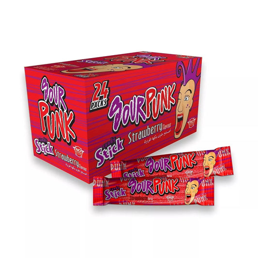 Sour Punk Candy Sticks, Strawberry Flavor Pack of 24 (40g each) - Gelatine Free