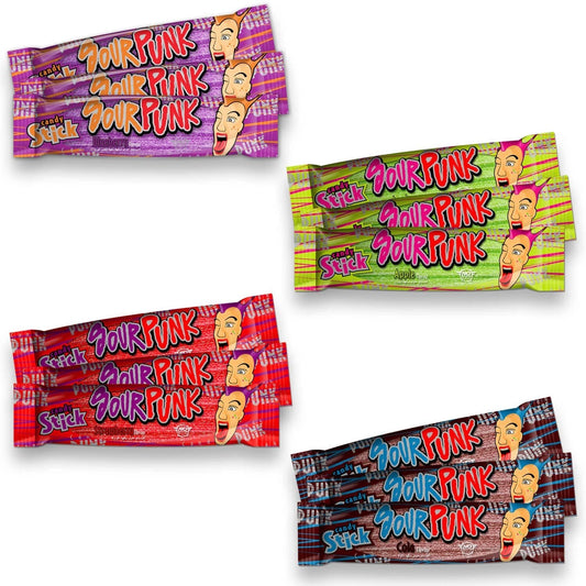 Sour Punk Candy Sticks, Variety Pack of 12 - Strawberry, Cola, Blueberry, Apple